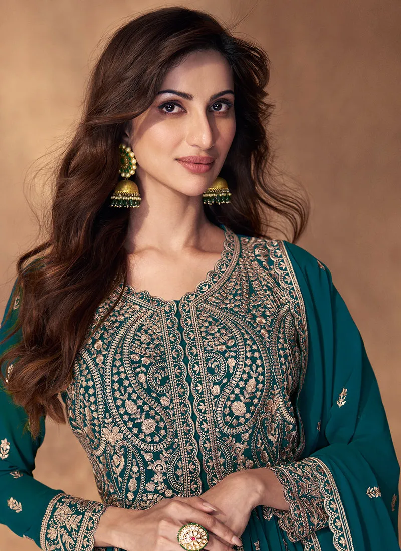 Turquoise Embroidery Slit Style Traditional Anarkali Lehenga Suit