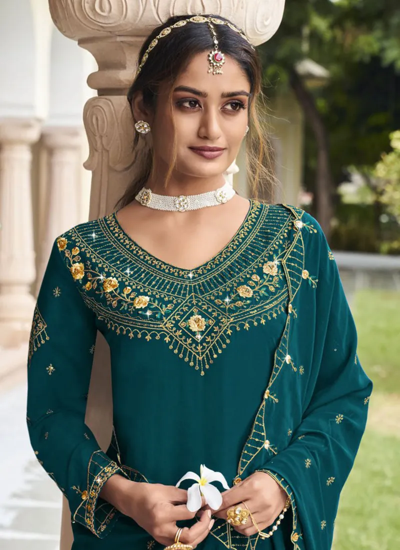 Turquoise Handwork Embroidery Sharara Palazzo Suit