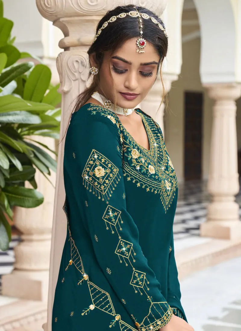 Turquoise Handwork Embroidery Sharara Palazzo Suit