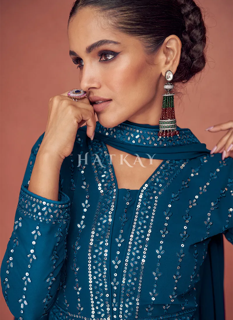 Turquoise Sequence Embroidered Festival Wear Anarkali Suit