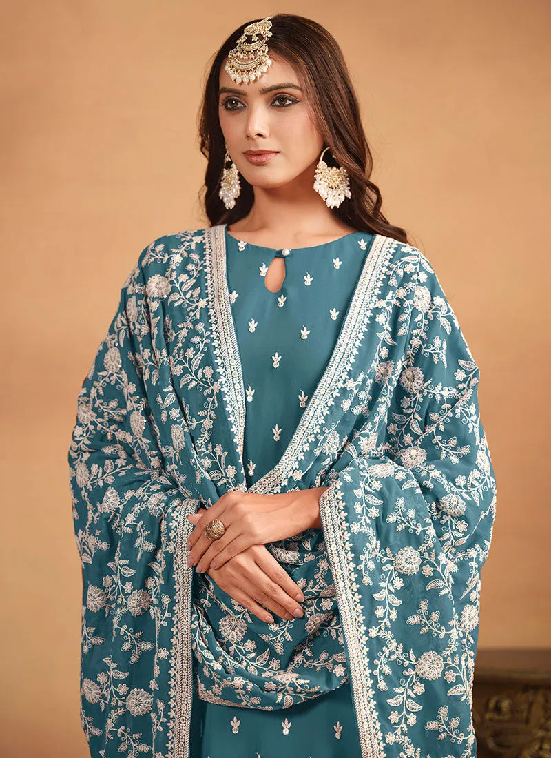 Turquoise Thread And Sequence Embroidery Pant Style Salwar Suit