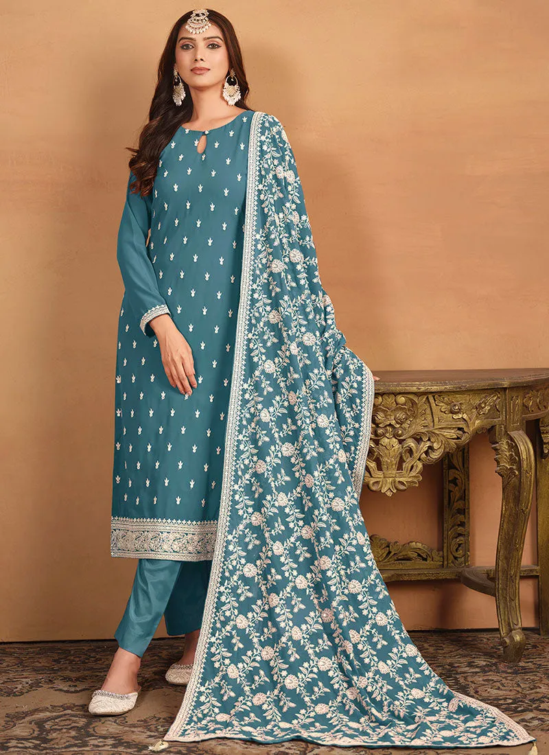 Turquoise Thread And Sequence Embroidery Pant Style Salwar Suit