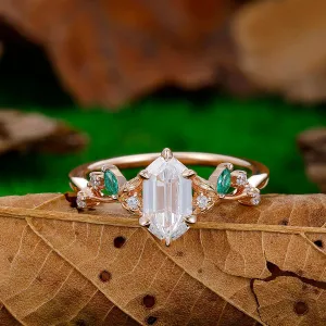 Unique 1.1 CT Long Hexagon Cut  Moissanite Art Deco Leaf Gold & 925 Sliver Engagement Ring