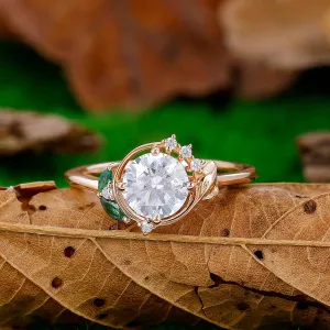 Unique 18k Gold Leaf Curved Design Round Cut Moissanite Engagement Ring