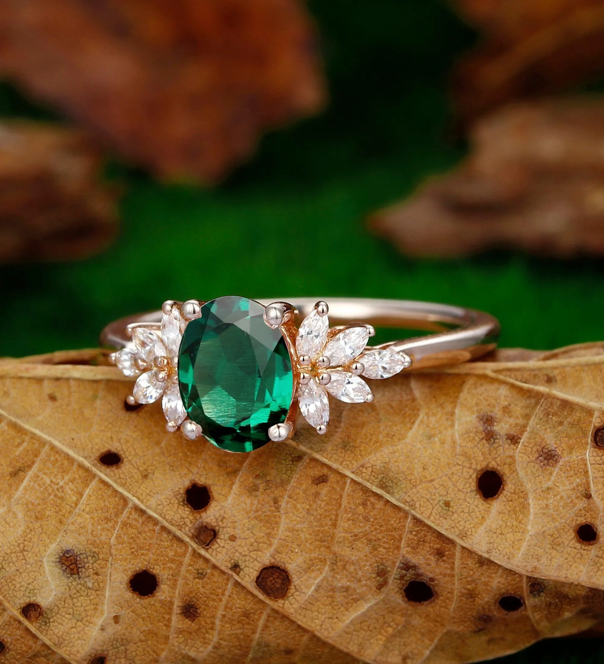 Unique  Oval Cut Green Emerald  14k Rose Gold Prong Set Moissanite  Wedding Ring