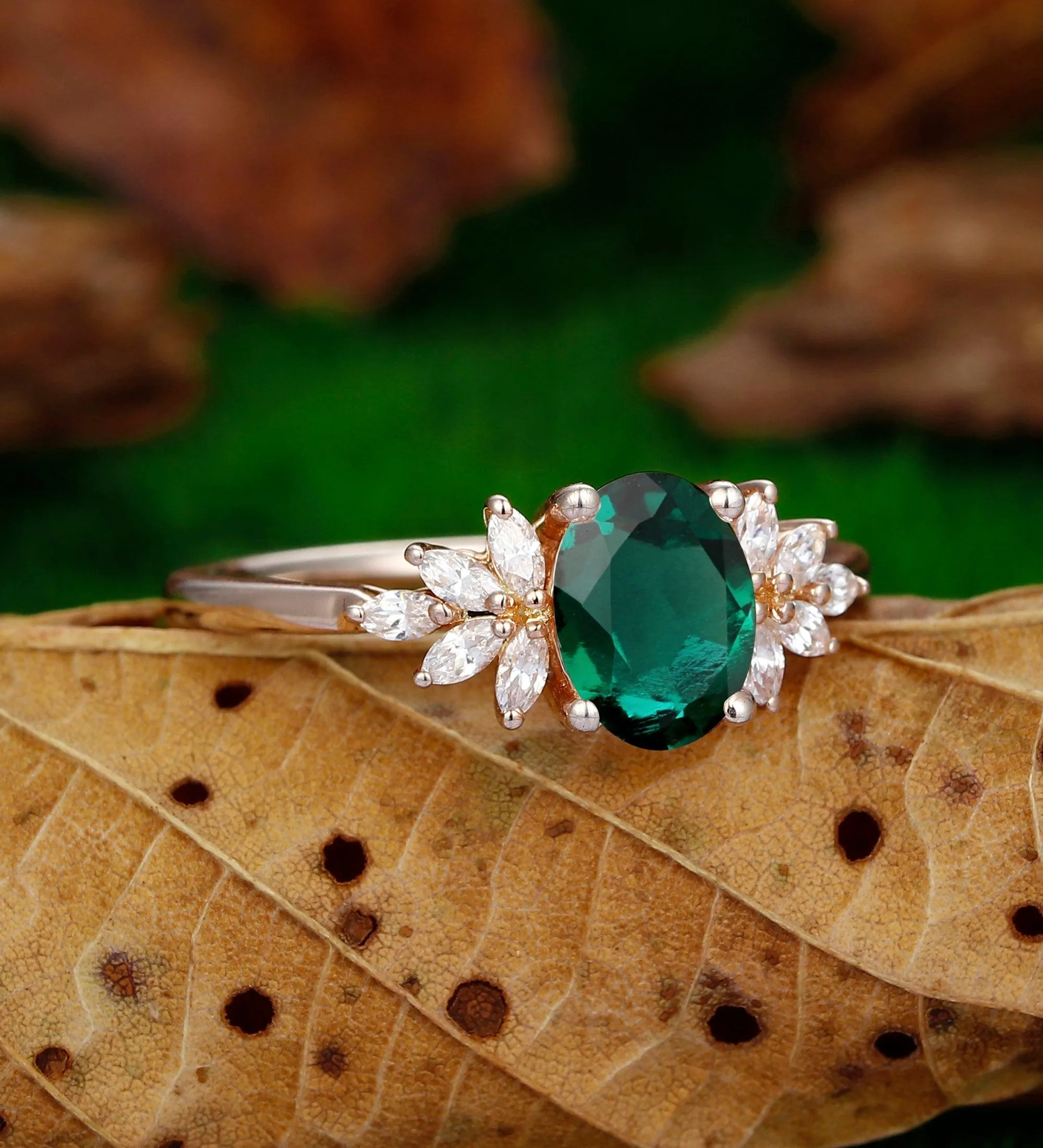Unique  Oval Cut Green Emerald  14k Rose Gold Prong Set Moissanite  Wedding Ring