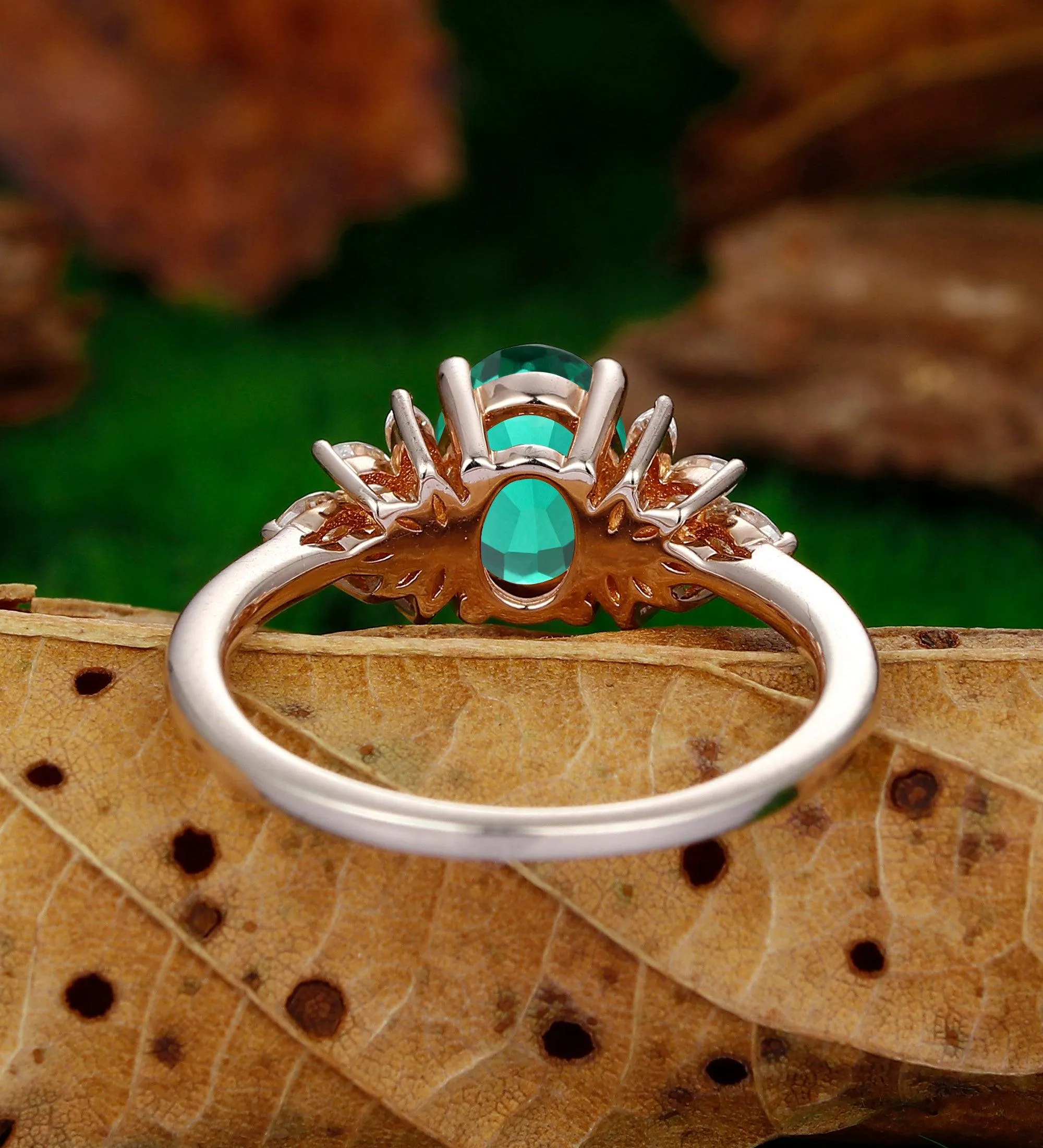 Unique  Oval Cut Green Emerald  14k Rose Gold Prong Set Moissanite  Wedding Ring