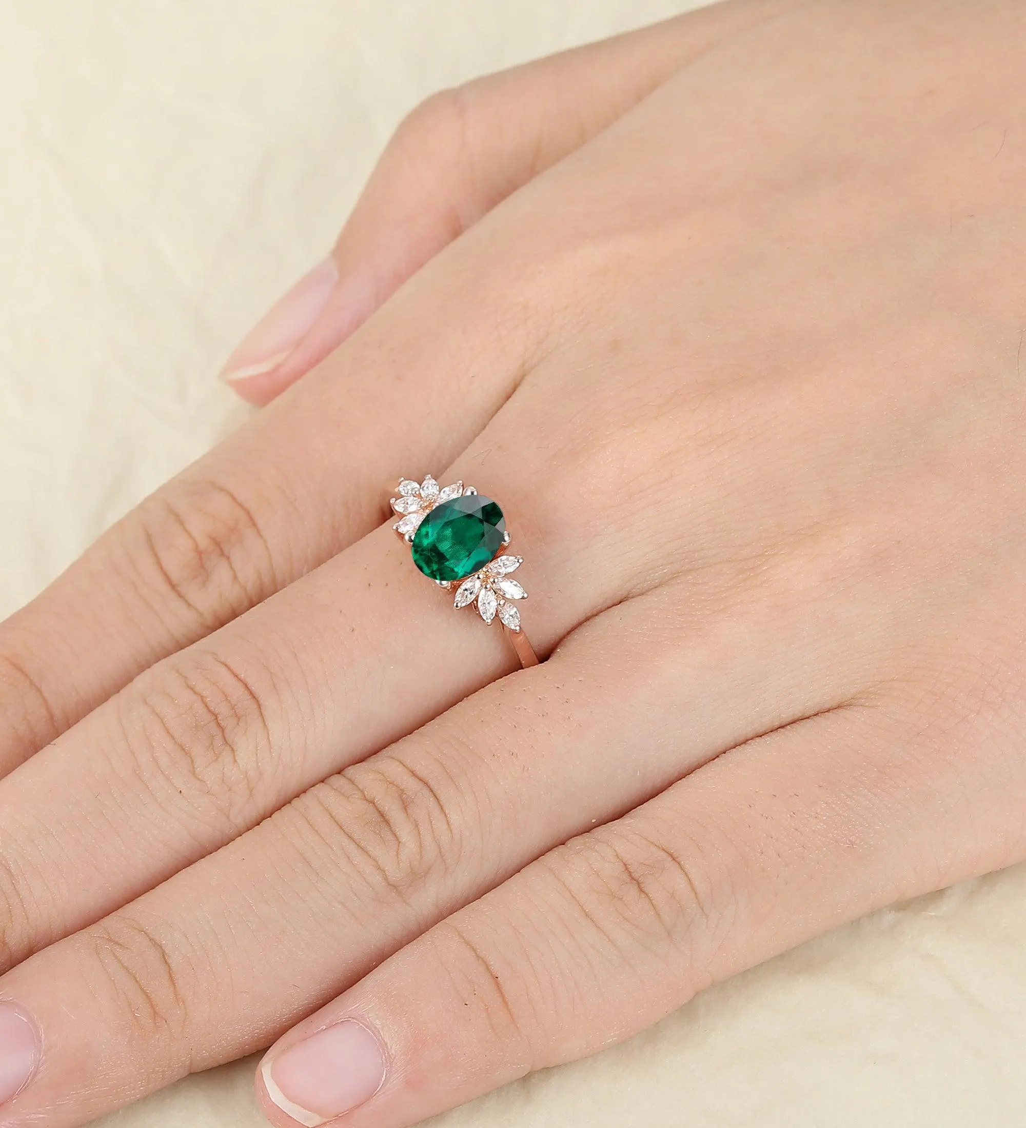 Unique  Oval Cut Green Emerald  14k Rose Gold Prong Set Moissanite  Wedding Ring