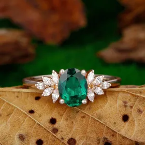 Unique  Oval Cut Green Emerald  14k Rose Gold Prong Set Moissanite  Wedding Ring