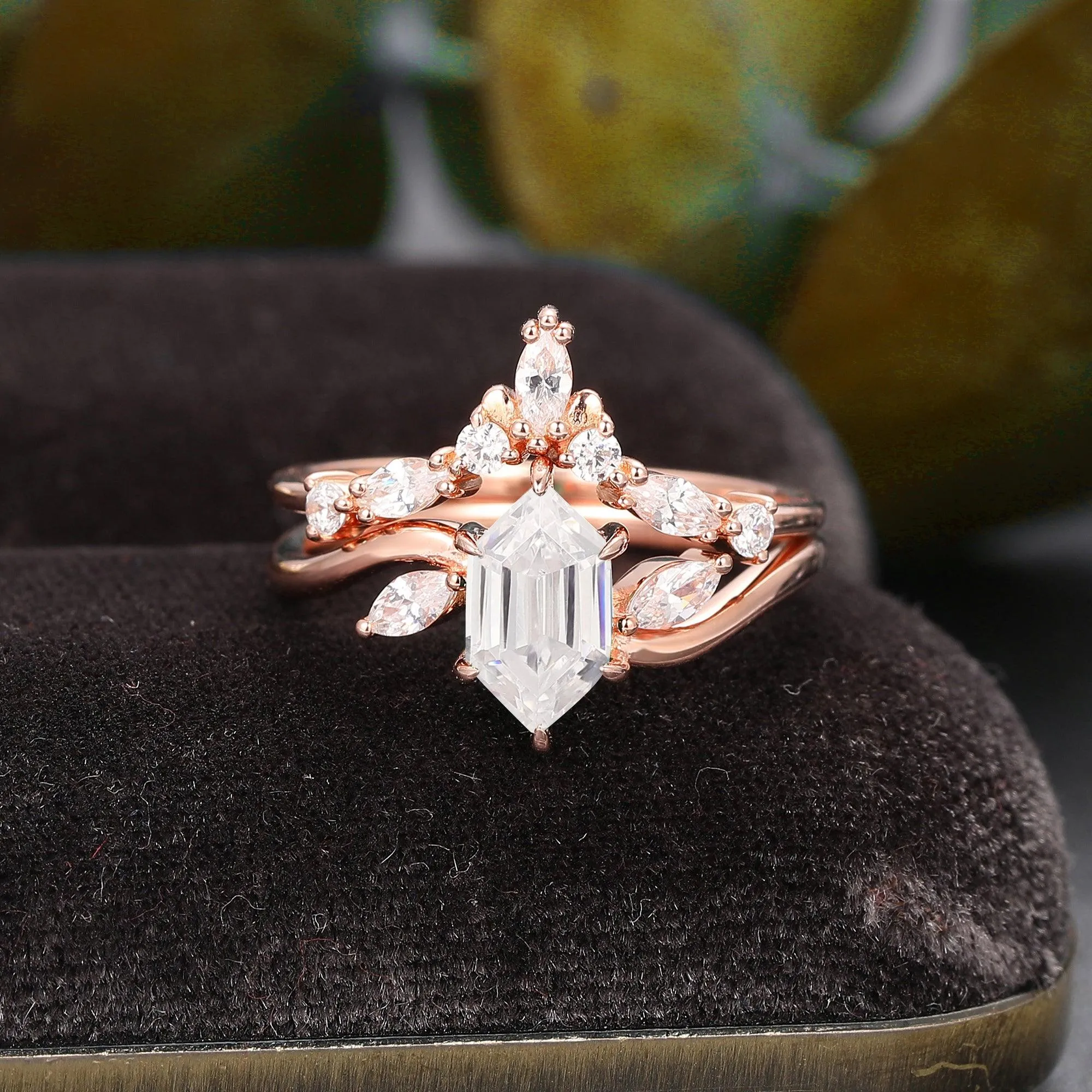 Vintage 1.10 Carat Hexagon Cut Pave Setting Moissanite Bridal Set Anniversary Gifts