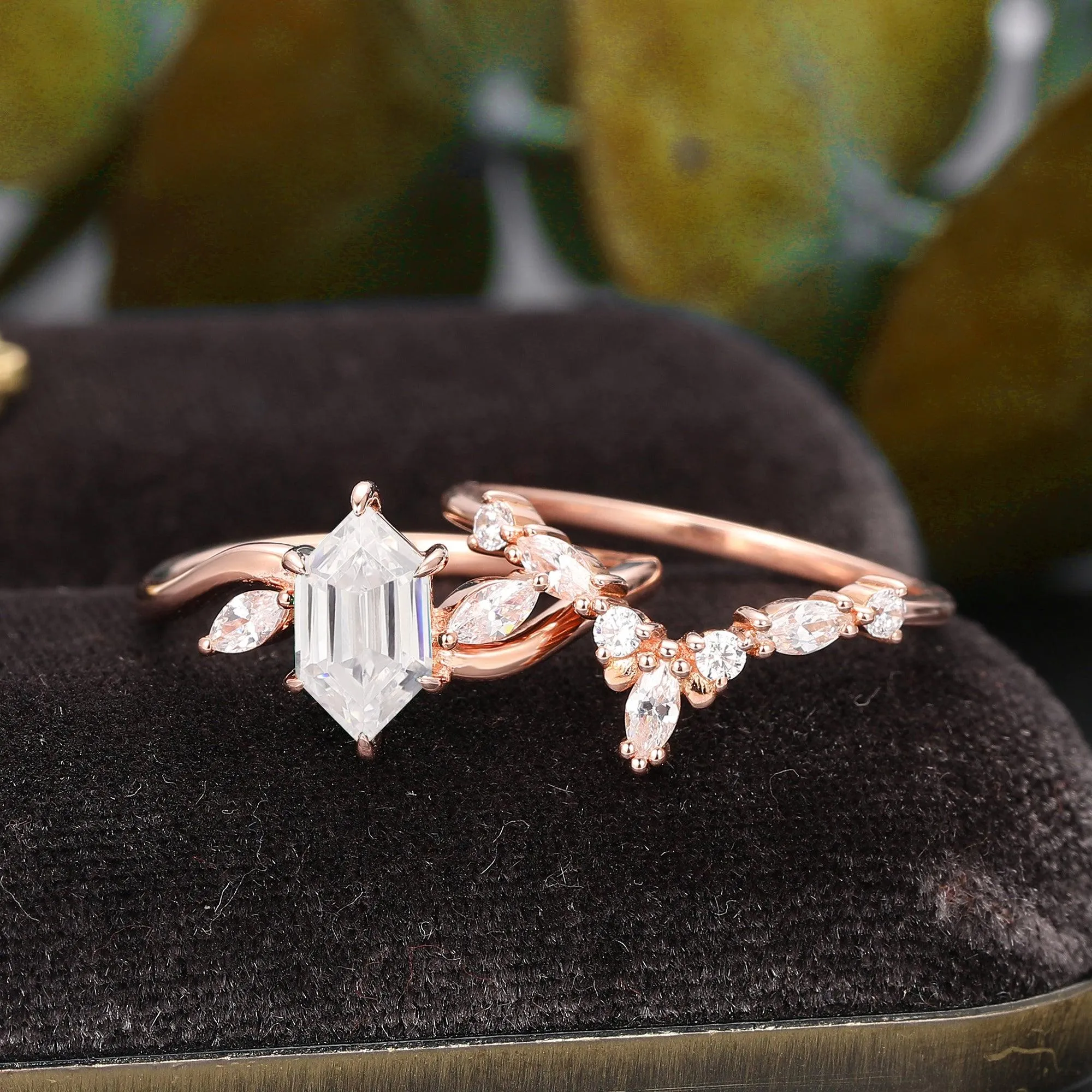 Vintage 1.10 Carat Hexagon Cut Pave Setting Moissanite Bridal Set Anniversary Gifts