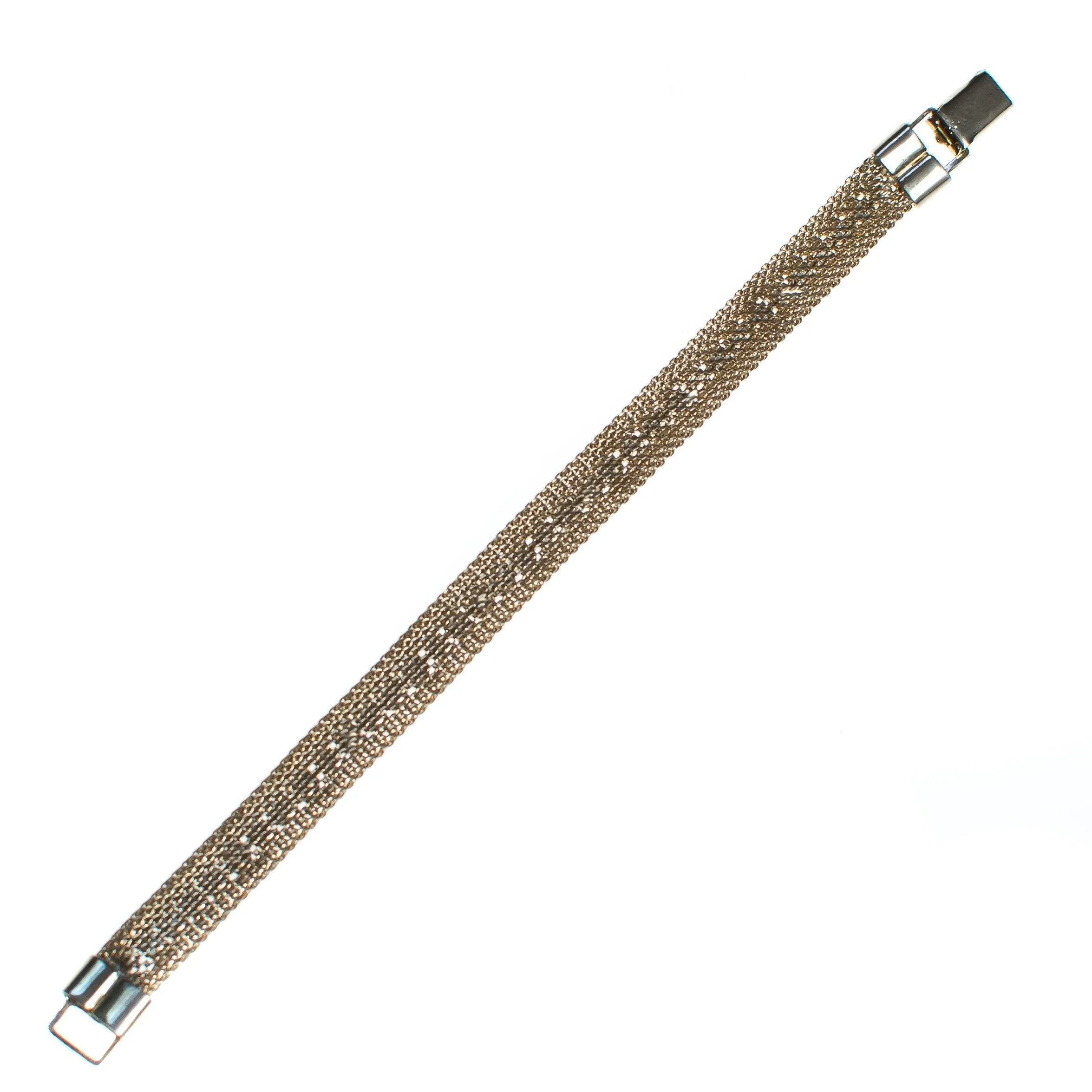 Vintage 1960s Gold Mesh Bracelet with Rhinestones Bracelet, Diamante Crystals, Snap Lock Clasp