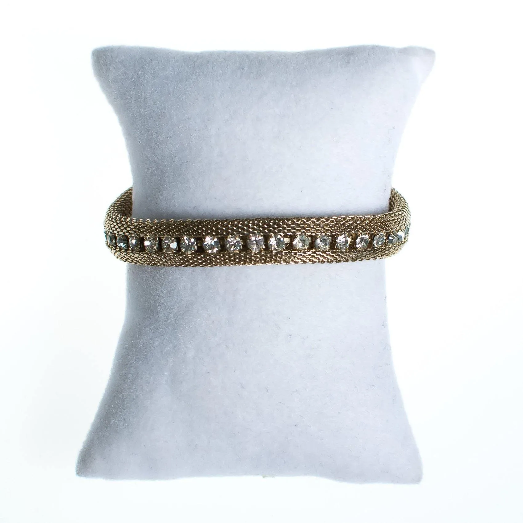 Vintage 1960s Gold Mesh Bracelet with Rhinestones Bracelet, Diamante Crystals, Snap Lock Clasp