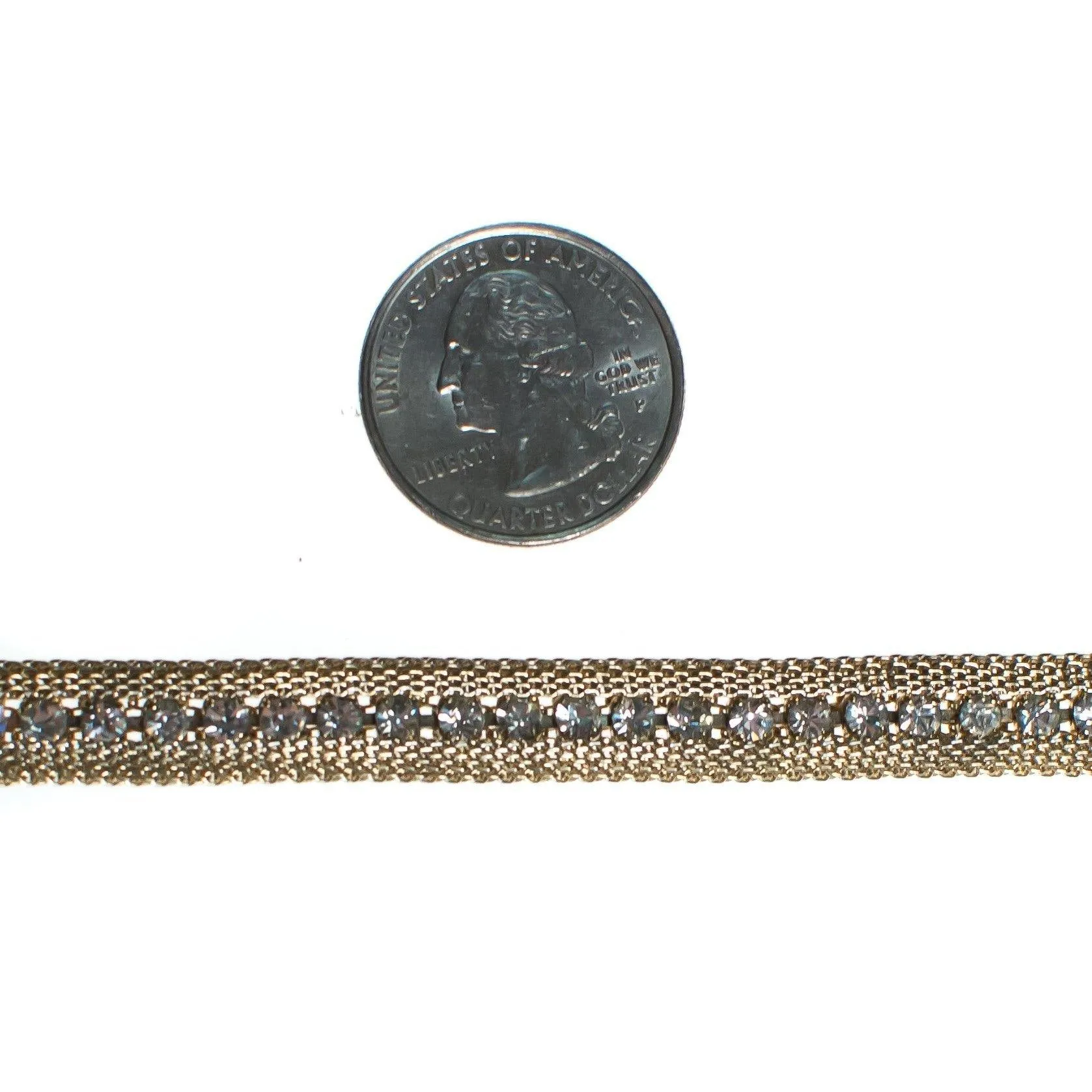 Vintage 1960s Gold Mesh Bracelet with Rhinestones Bracelet, Diamante Crystals, Snap Lock Clasp