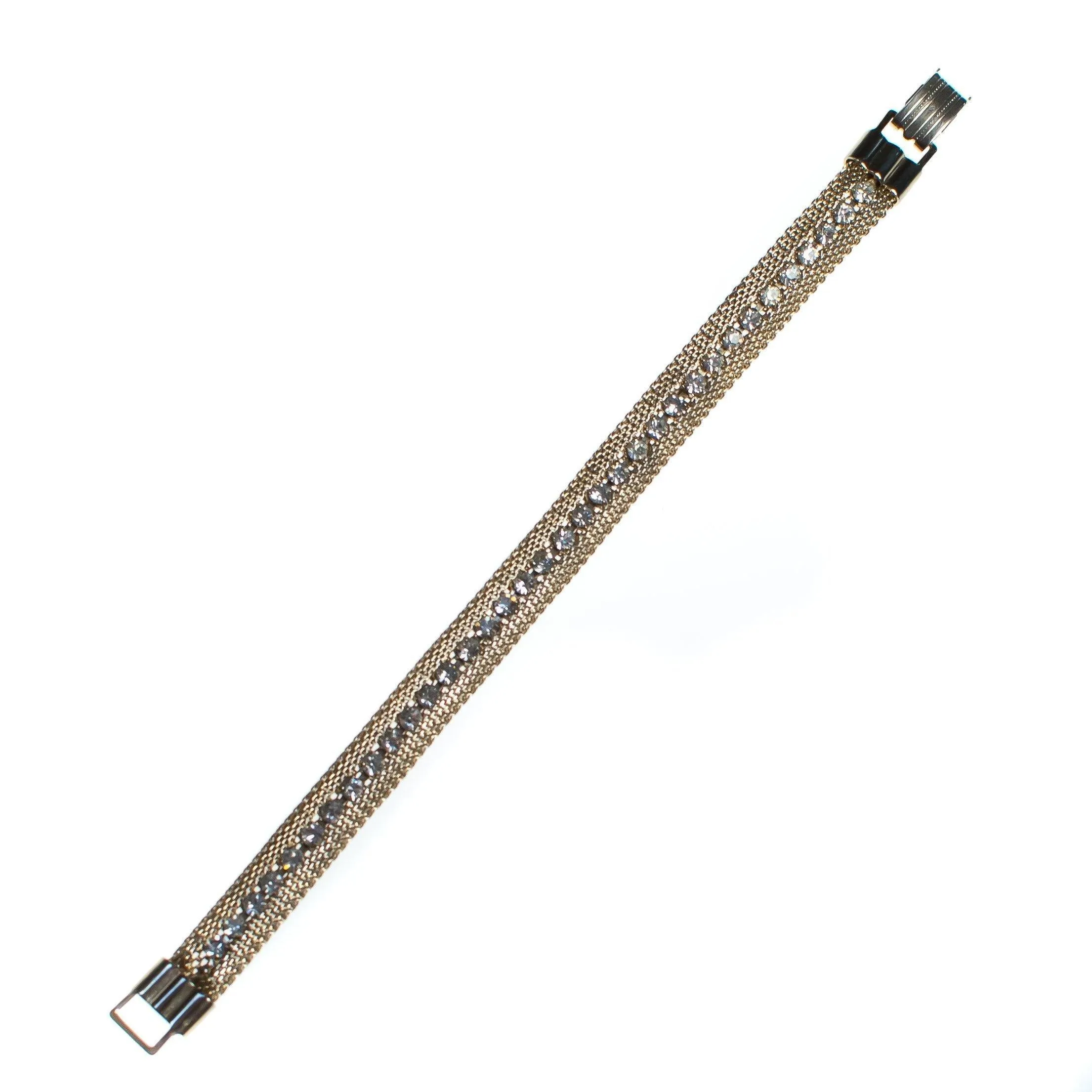 Vintage 1960s Gold Mesh Bracelet with Rhinestones Bracelet, Diamante Crystals, Snap Lock Clasp