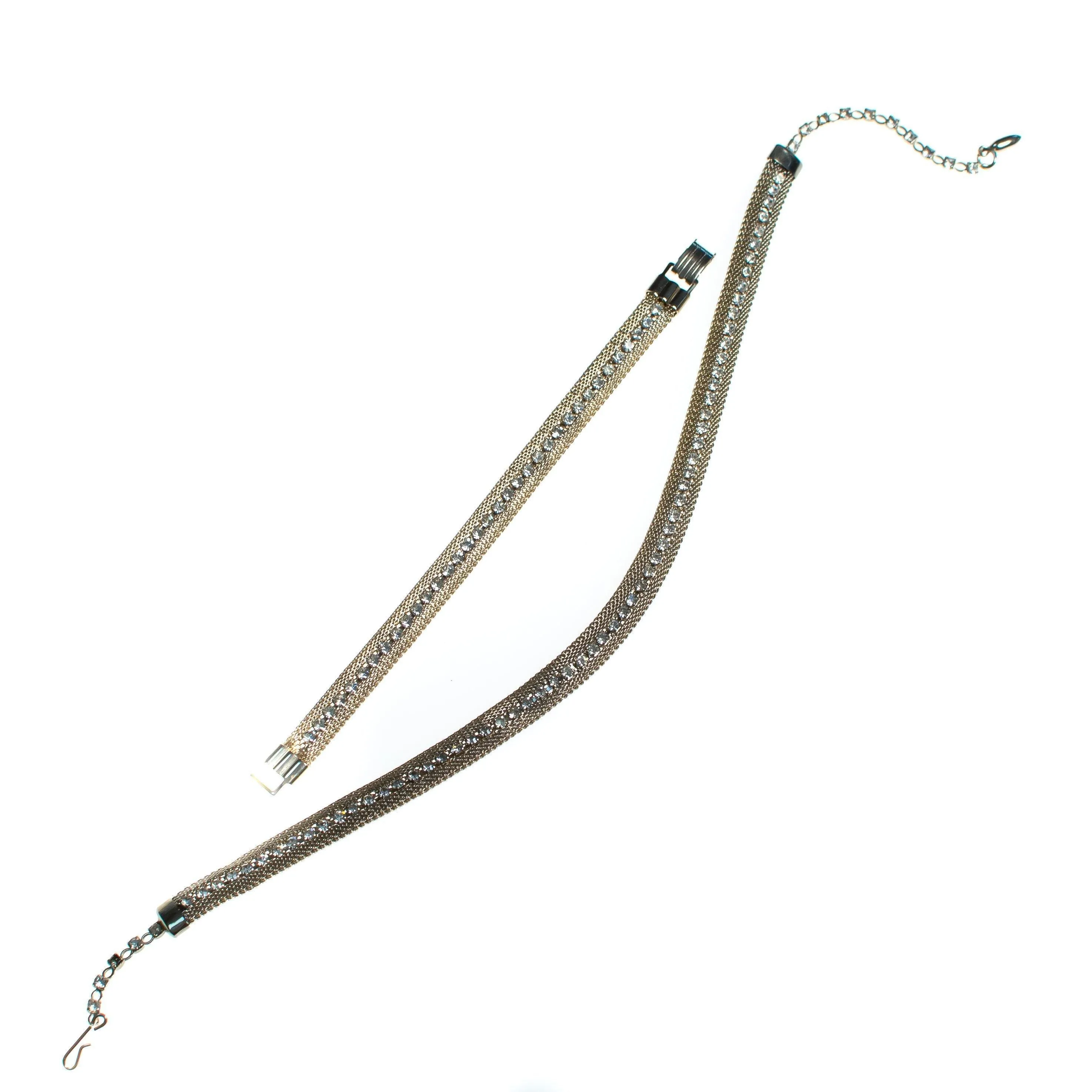 Vintage 1960s Gold Mesh Bracelet with Rhinestones Bracelet, Diamante Crystals, Snap Lock Clasp