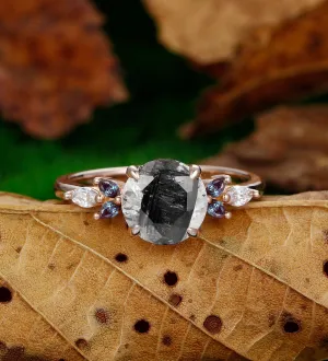 Vintage 2CT Round Shaped Herkimer Diamond  14k Rose Gold Alexandrite Wedding Ring