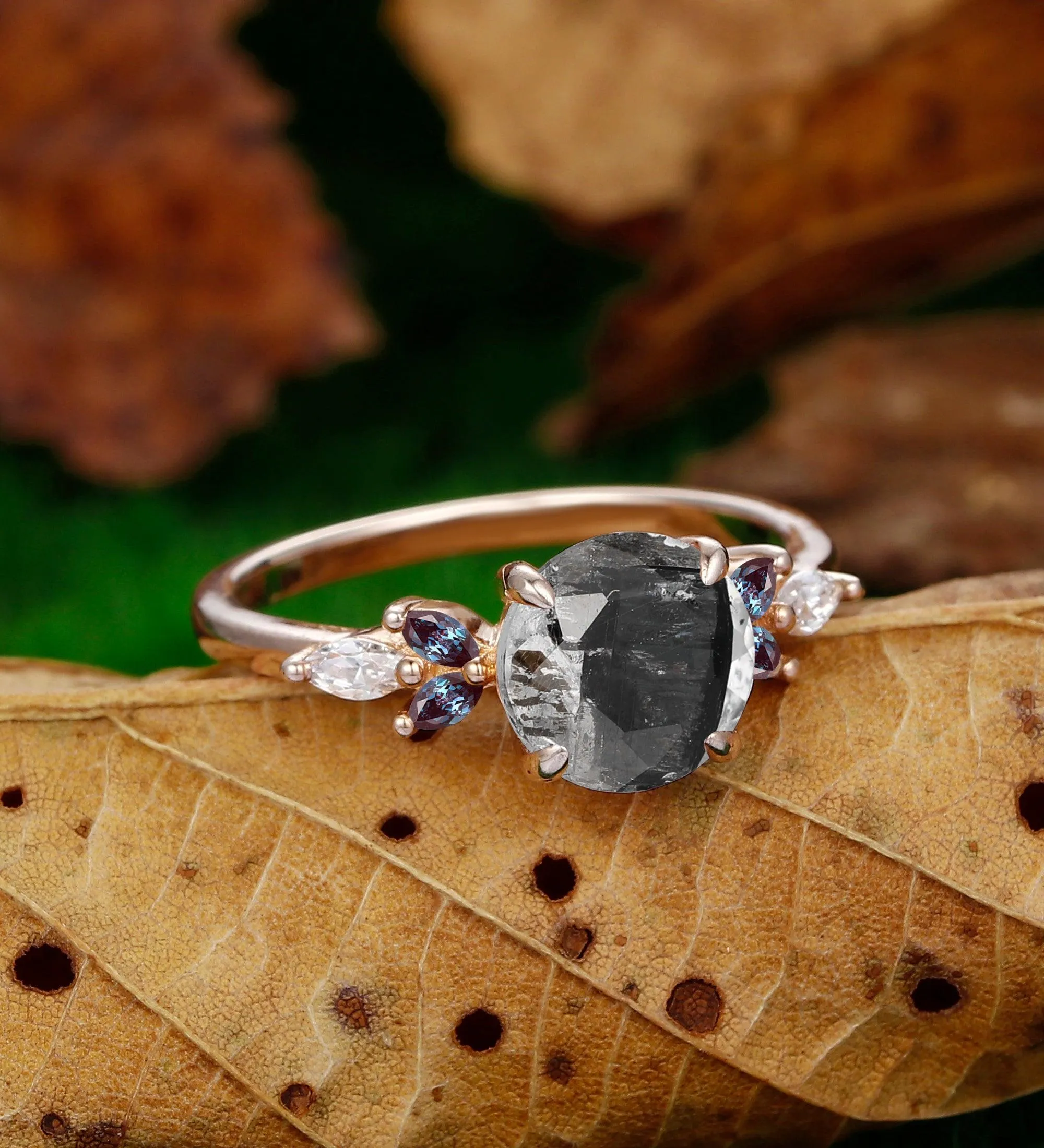Vintage 2CT Round Shaped Herkimer Diamond  14k Rose Gold Alexandrite Wedding Ring