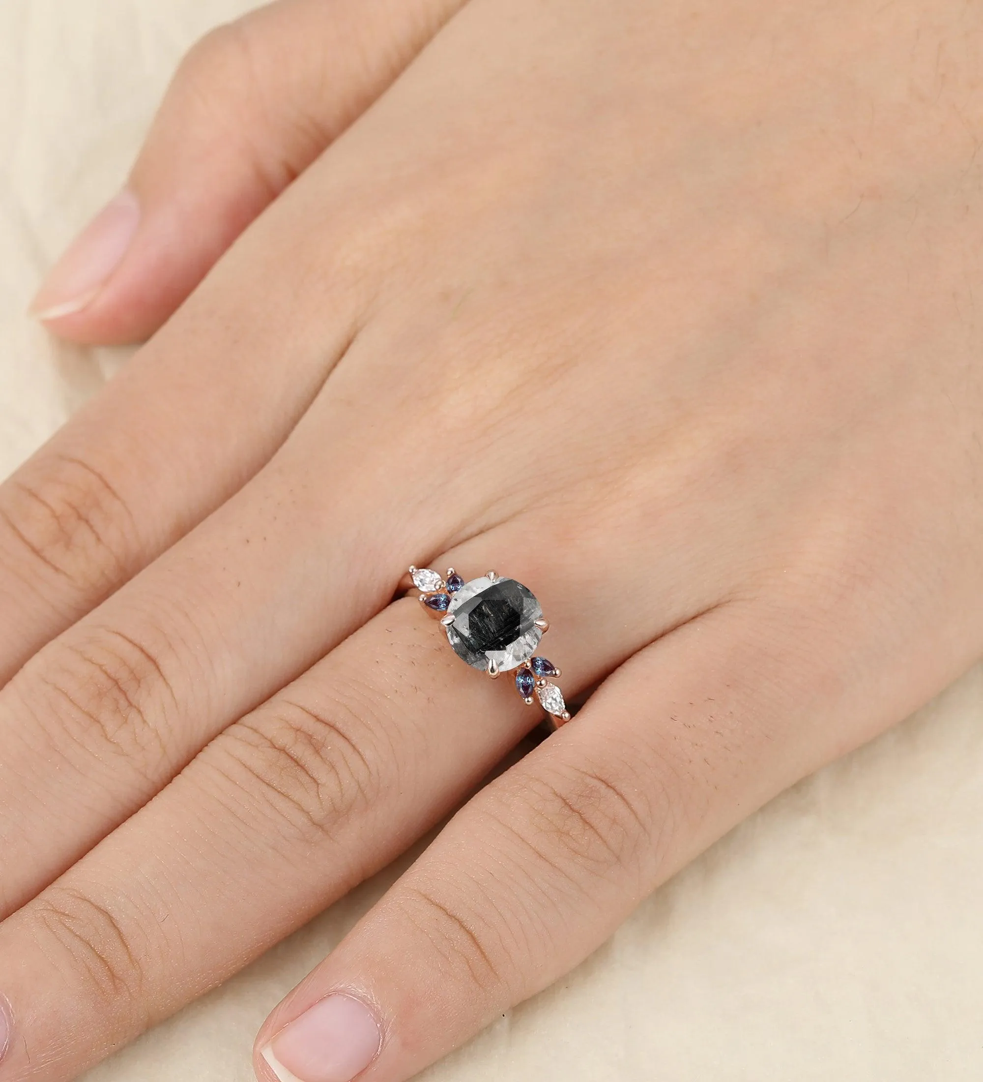 Vintage 2CT Round Shaped Herkimer Diamond  14k Rose Gold Alexandrite Wedding Ring