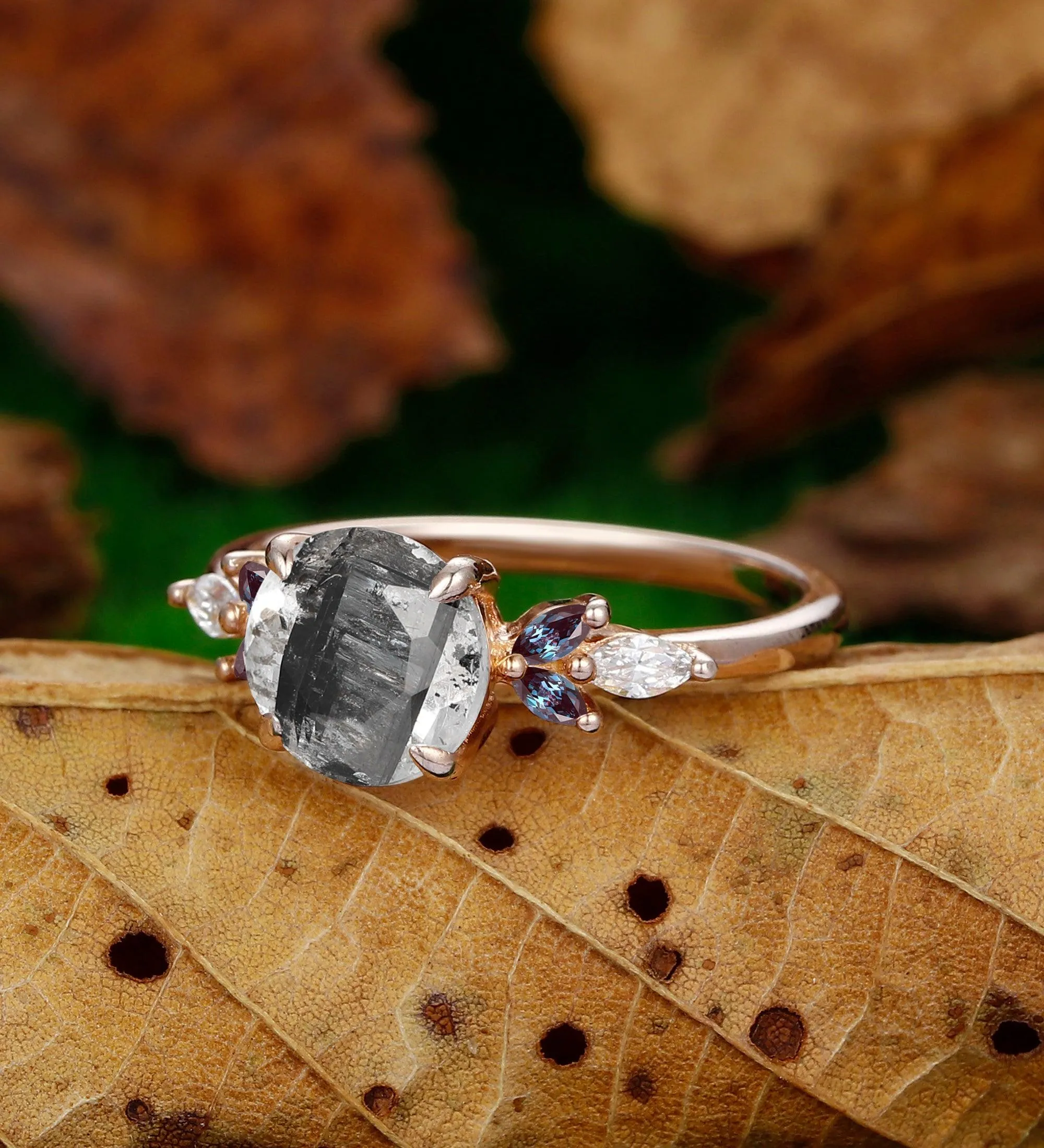 Vintage 2CT Round Shaped Herkimer Diamond  14k Rose Gold Alexandrite Wedding Ring