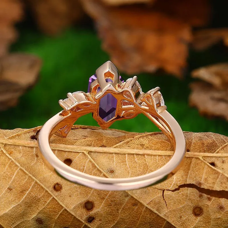 Vintage Long Hexagon Cut Natural Amethyst Ring Rose Gold  Marquise Twist Leaf Diamond