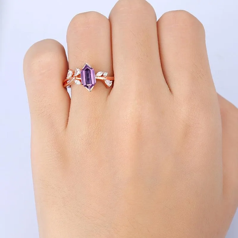 Vintage Long Hexagon Cut Natural Amethyst Ring Rose Gold  Marquise Twist Leaf Diamond