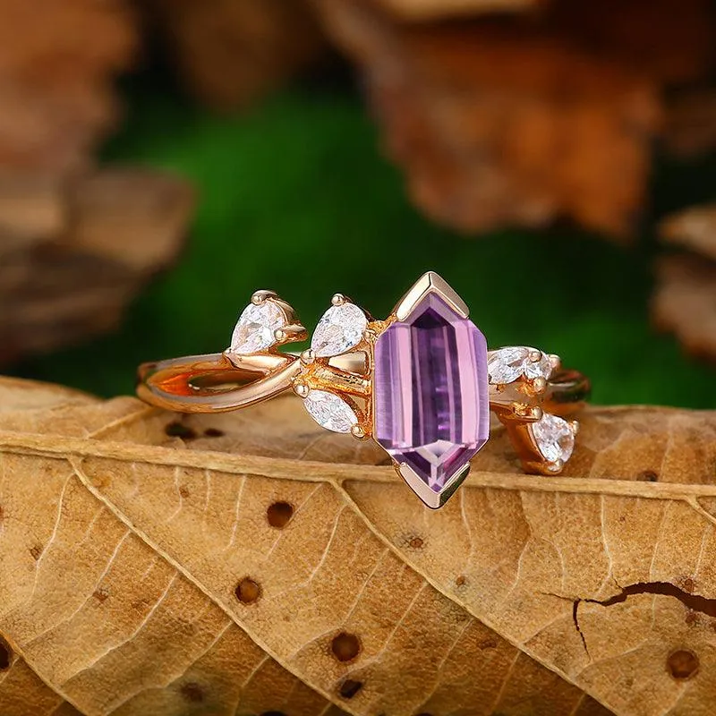 Vintage Long Hexagon Cut Natural Amethyst Ring Rose Gold  Marquise Twist Leaf Diamond