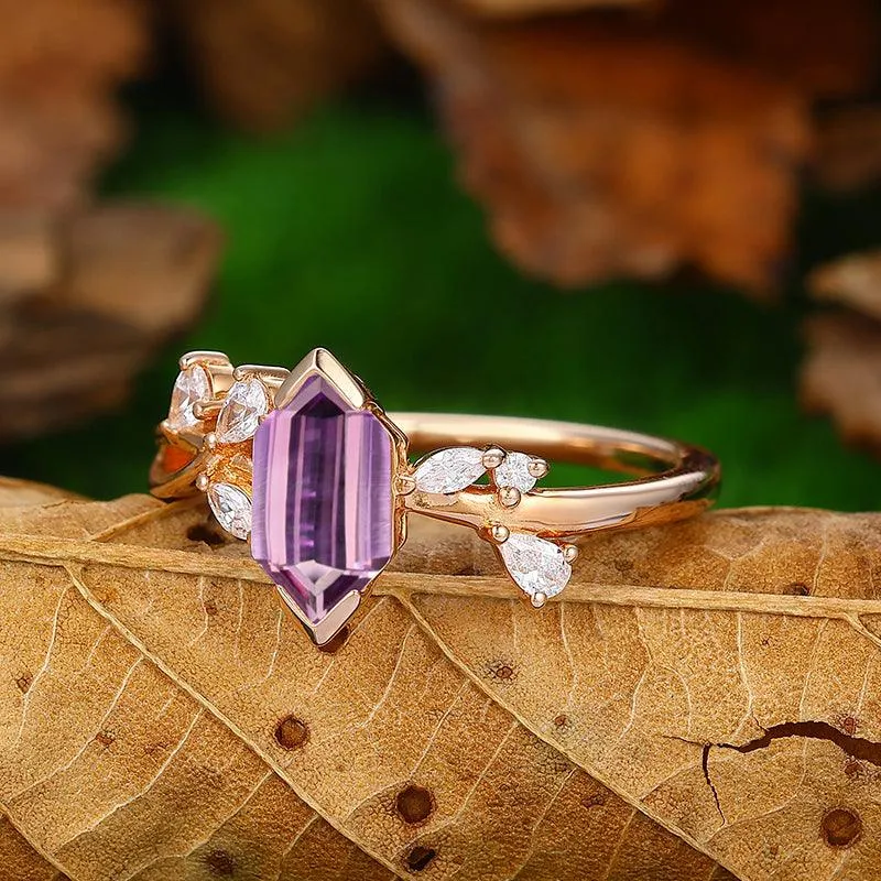 Vintage Long Hexagon Cut Natural Amethyst Ring Rose Gold  Marquise Twist Leaf Diamond