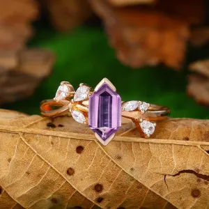 Vintage Long Hexagon Cut Natural Amethyst Ring Rose Gold  Marquise Twist Leaf Diamond