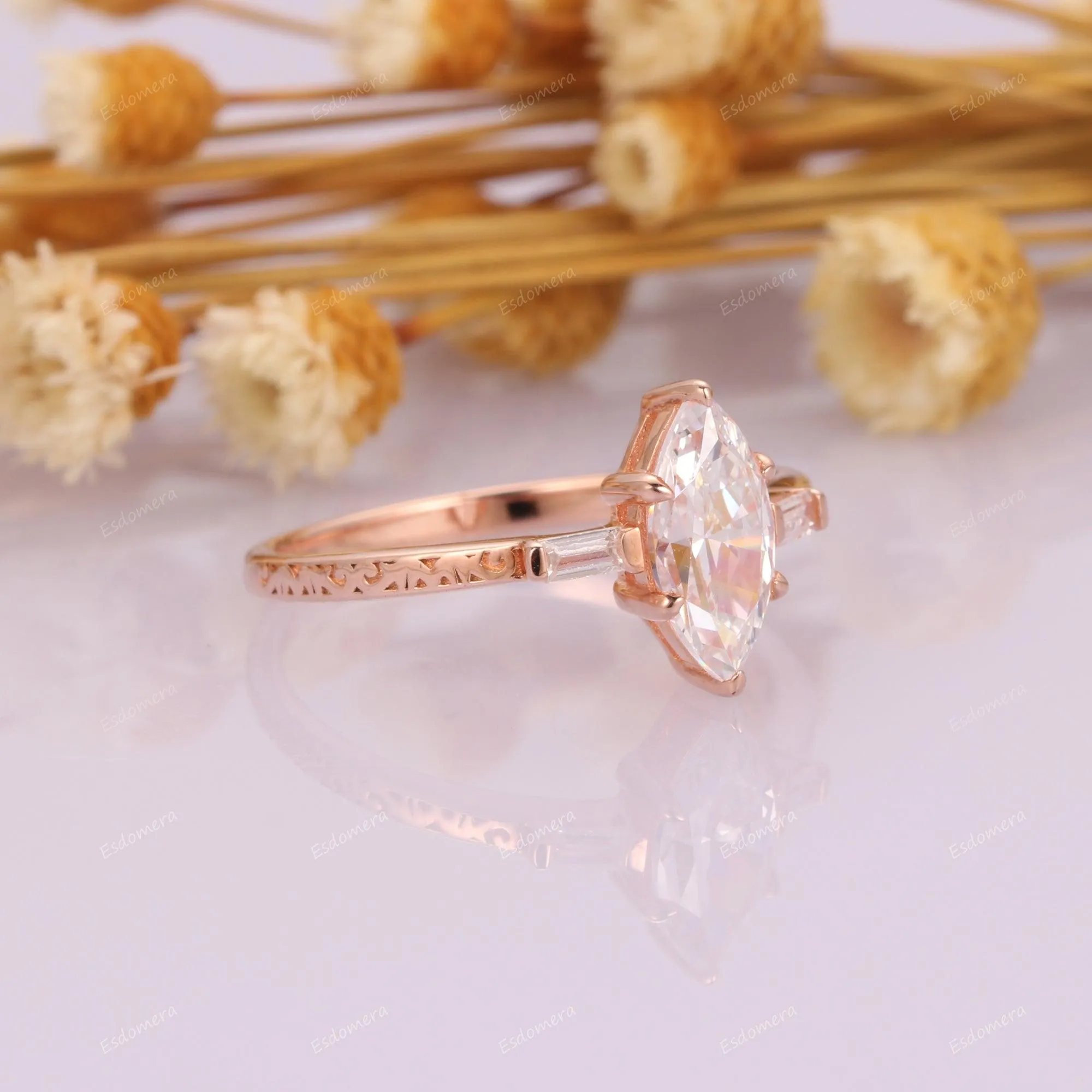 Vintage Prong Set Marquise Cut Moissanite Bridal Ring Classic Engagement Ring For Her