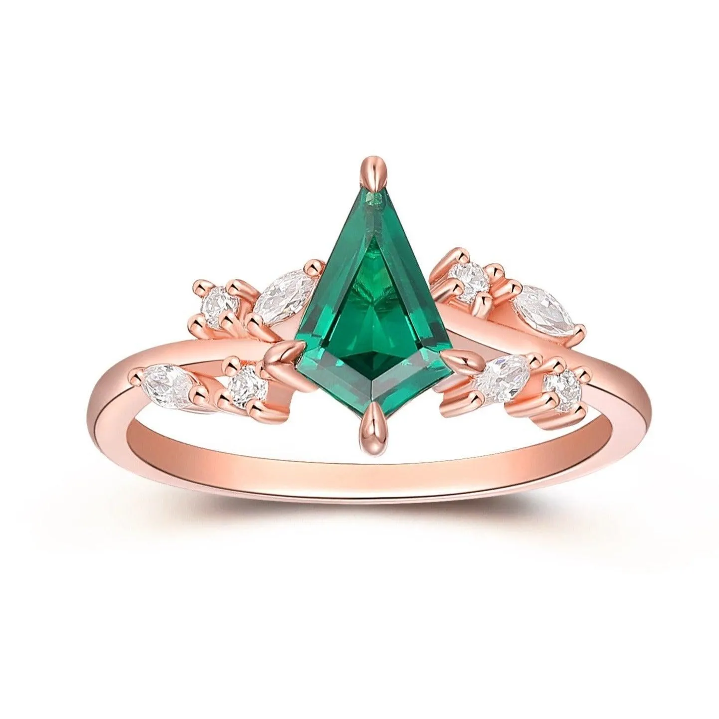 Vintage Unique Kite Shape 6x9mm Emerald Engagement Ring, Moissanite Cluster Ring,14k Solid Gold Anniversary Gift Ring