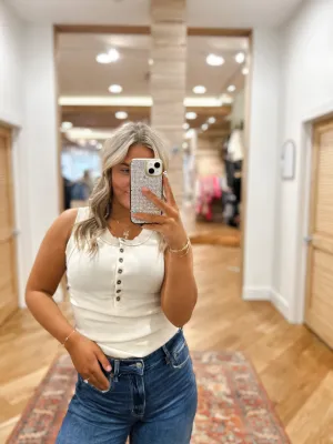 Washed Henley Khaki Tank Top