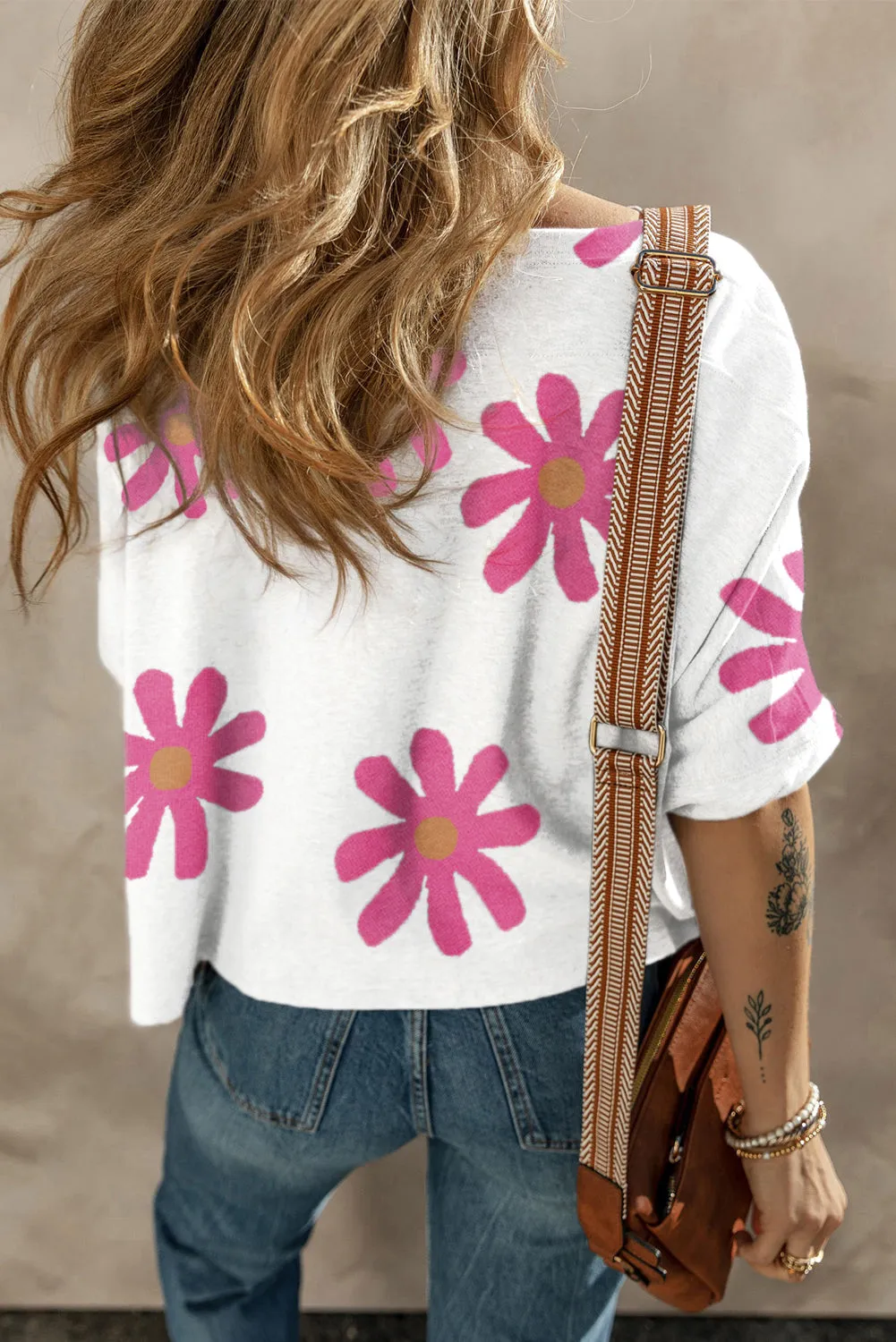White Big Flower Printed Casual T Shirt