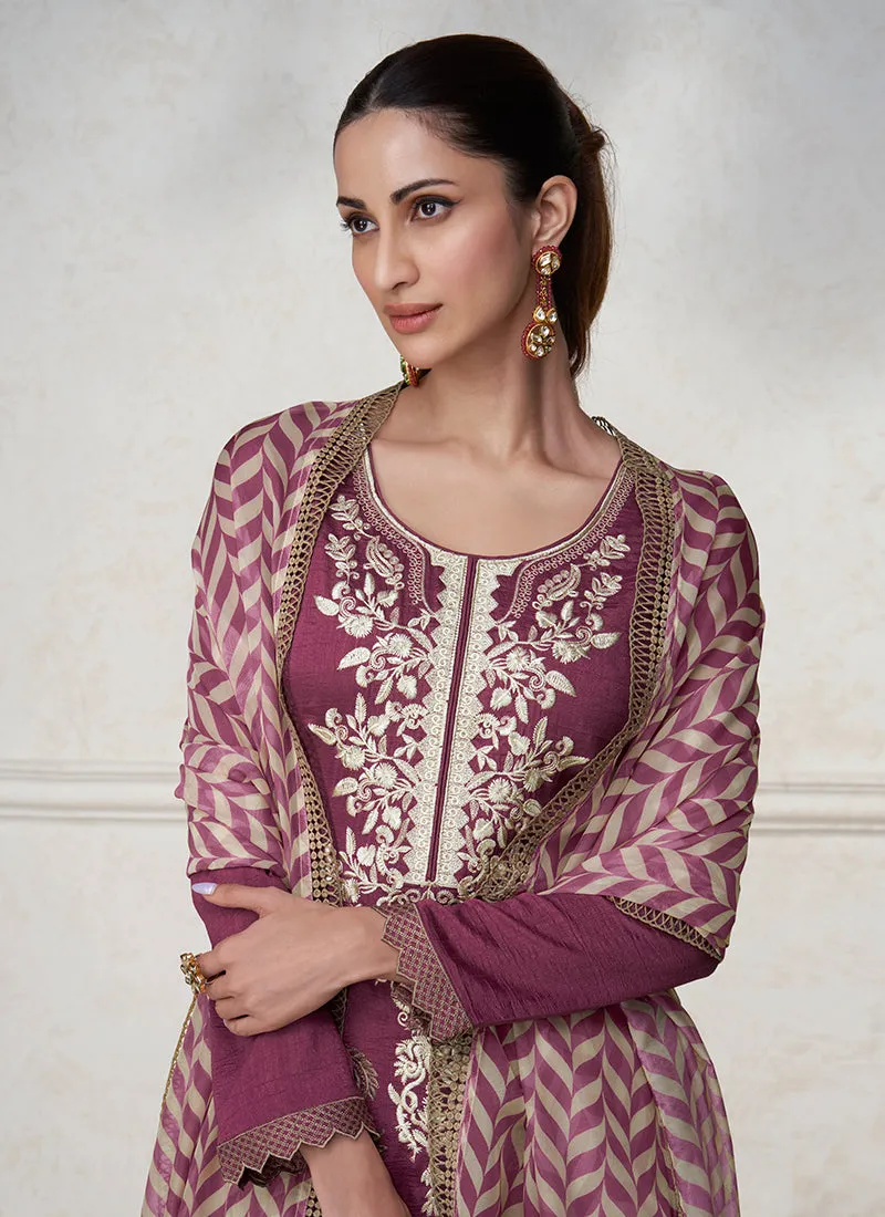 Wine Embroidery Silk Traditional Salwar Suit