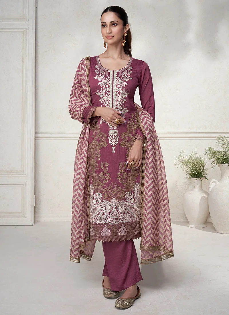 Wine Embroidery Silk Traditional Salwar Suit