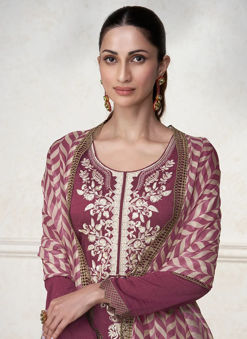 Wine Embroidery Silk Traditional Salwar Suit