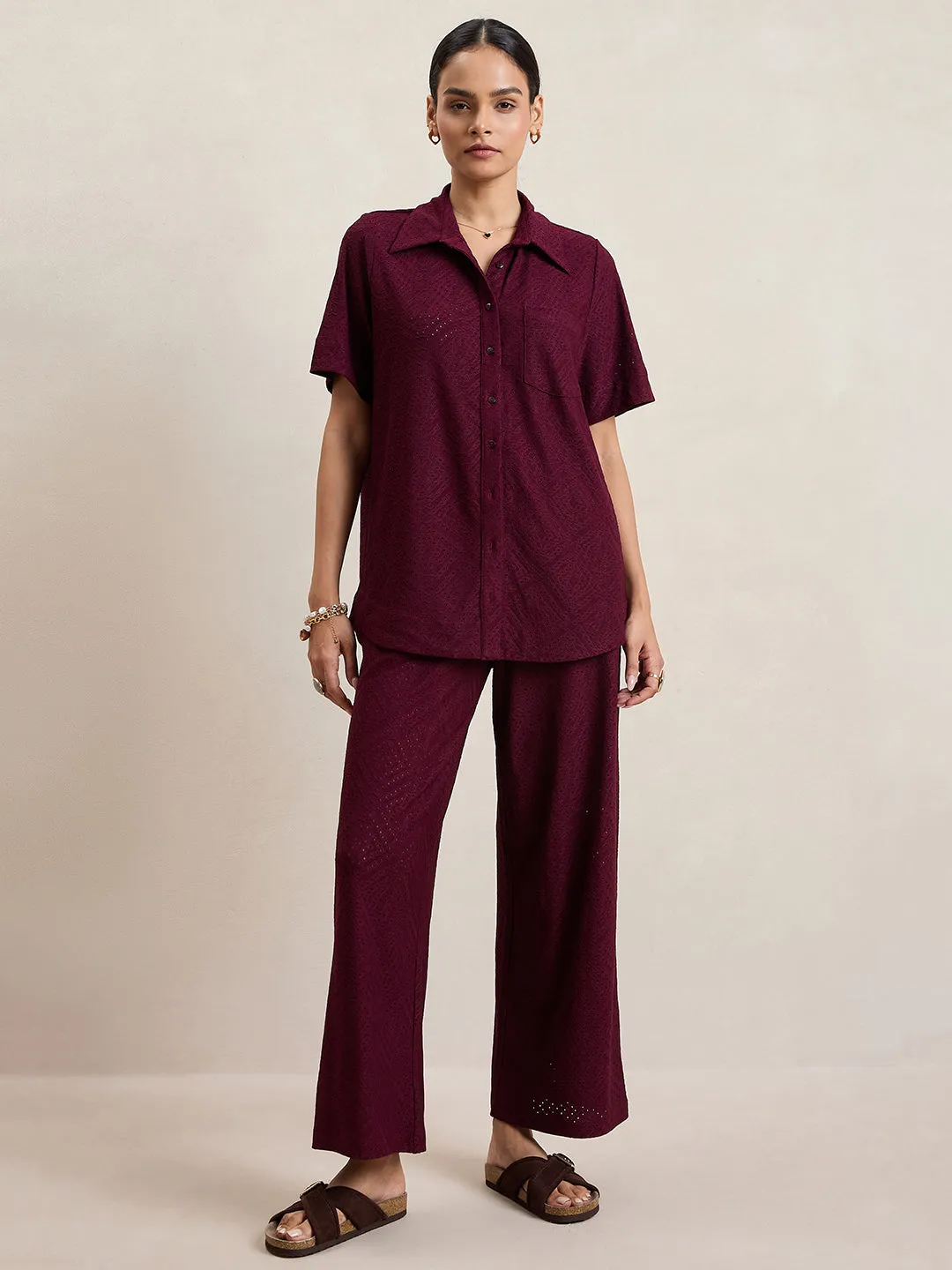 Wine Knitted Schiffli Button Down Shirt