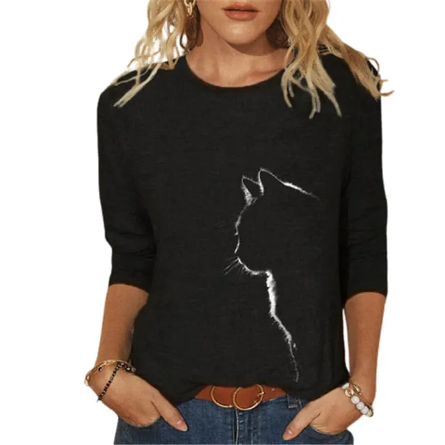Women Clothes Spring Autumn Casual Pullovers Women's Clothing Funny Cute Cat 3D Print Long Sleeve T-Shirts Ladies Fashion Tops