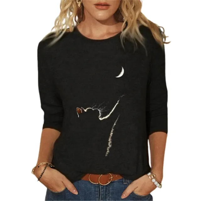 Women Clothes Spring Autumn Casual Pullovers Women's Clothing Funny Cute Cat 3D Print Long Sleeve T-Shirts Ladies Fashion Tops