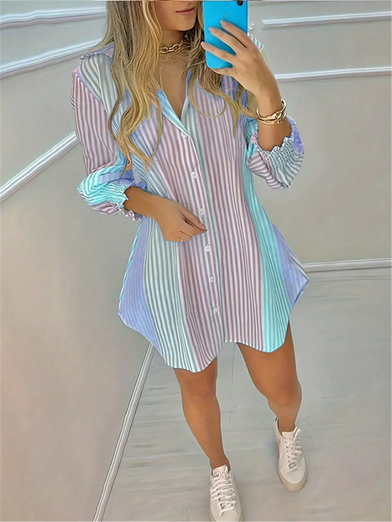 Women Stripe Colorblock Flare Sleeve Drop Shoulder Oversize Shirt