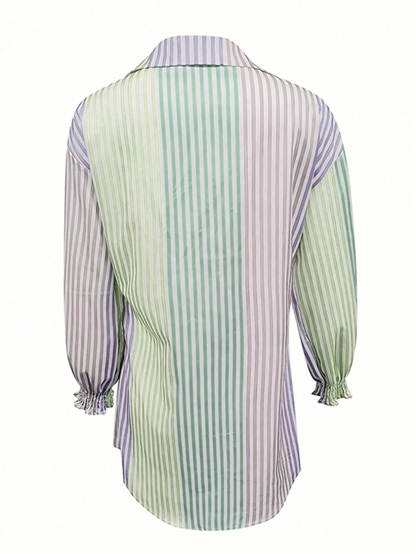 Women Stripe Colorblock Flare Sleeve Drop Shoulder Oversize Shirt