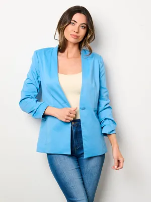 WOMEN'S 3/4 RUCHED SLEEVES BUTTON CLOSURE POCKETS BLAZER