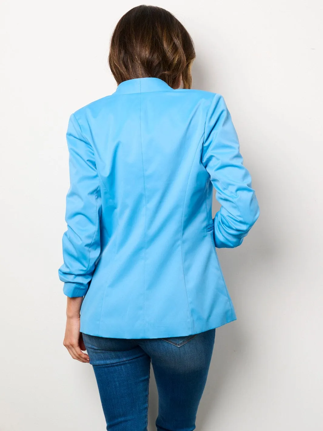 WOMEN'S 3/4 RUCHED SLEEVES BUTTON CLOSURE POCKETS BLAZER