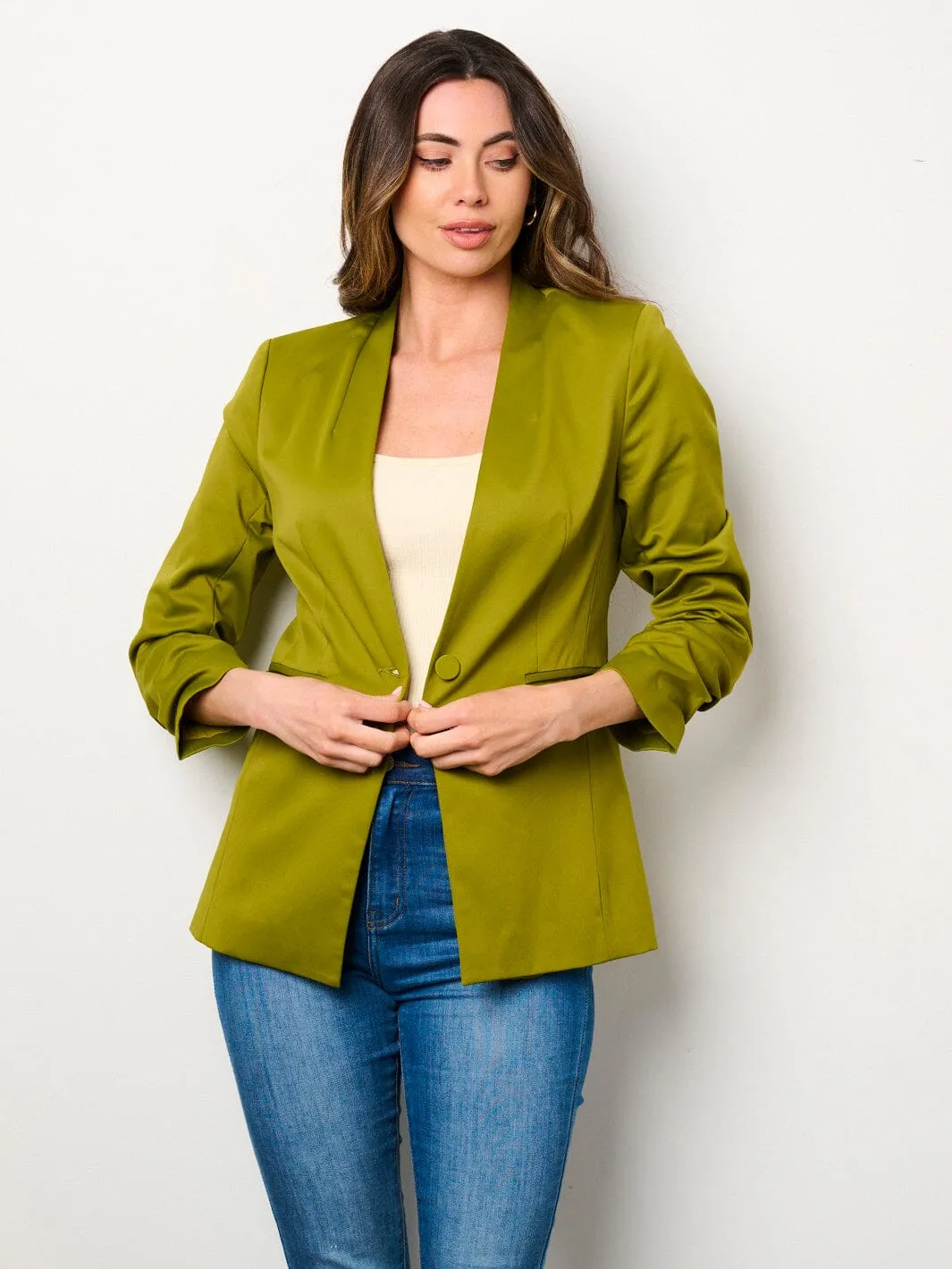 WOMEN'S 3/4 RUCHED SLEEVES BUTTON CLOSURE POCKETS BLAZER