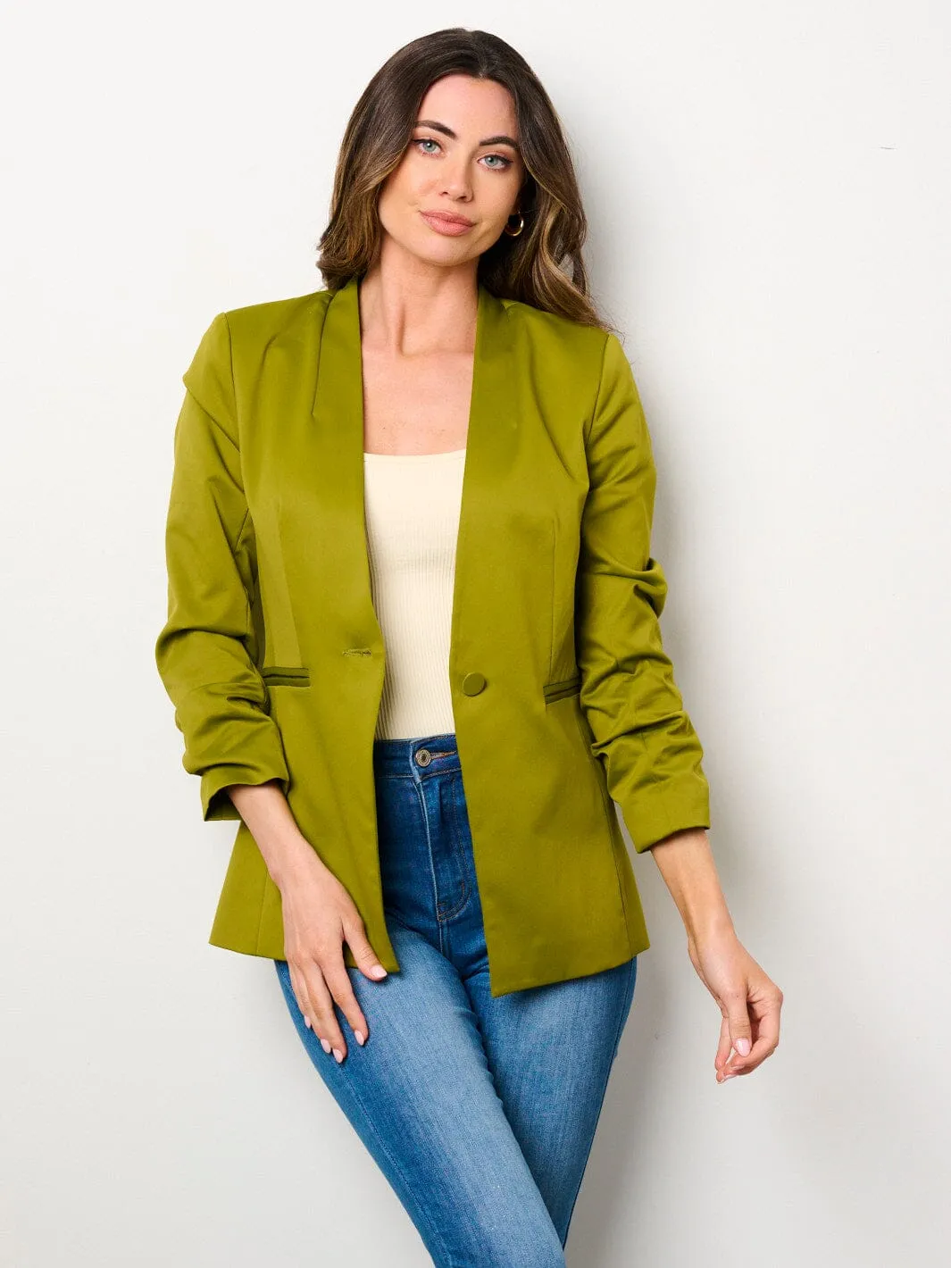 WOMEN'S 3/4 RUCHED SLEEVES BUTTON CLOSURE POCKETS BLAZER