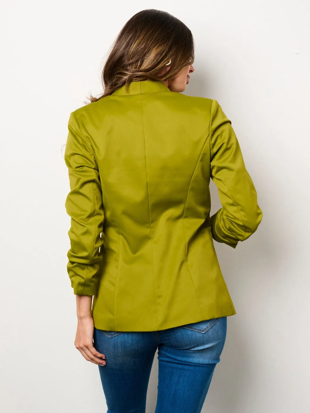 WOMEN'S 3/4 RUCHED SLEEVES BUTTON CLOSURE POCKETS BLAZER