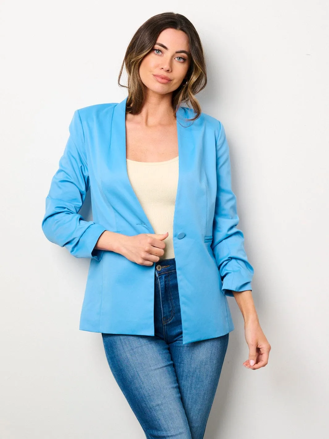 WOMEN'S 3/4 RUCHED SLEEVES BUTTON CLOSURE POCKETS BLAZER