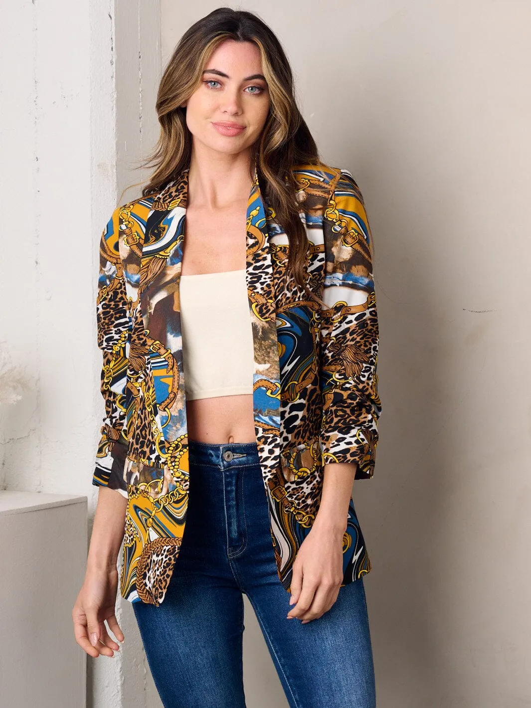 WOMEN'S 3/4 SLEEVE OPEN FRONT ANIMAL PRINT BLAZER