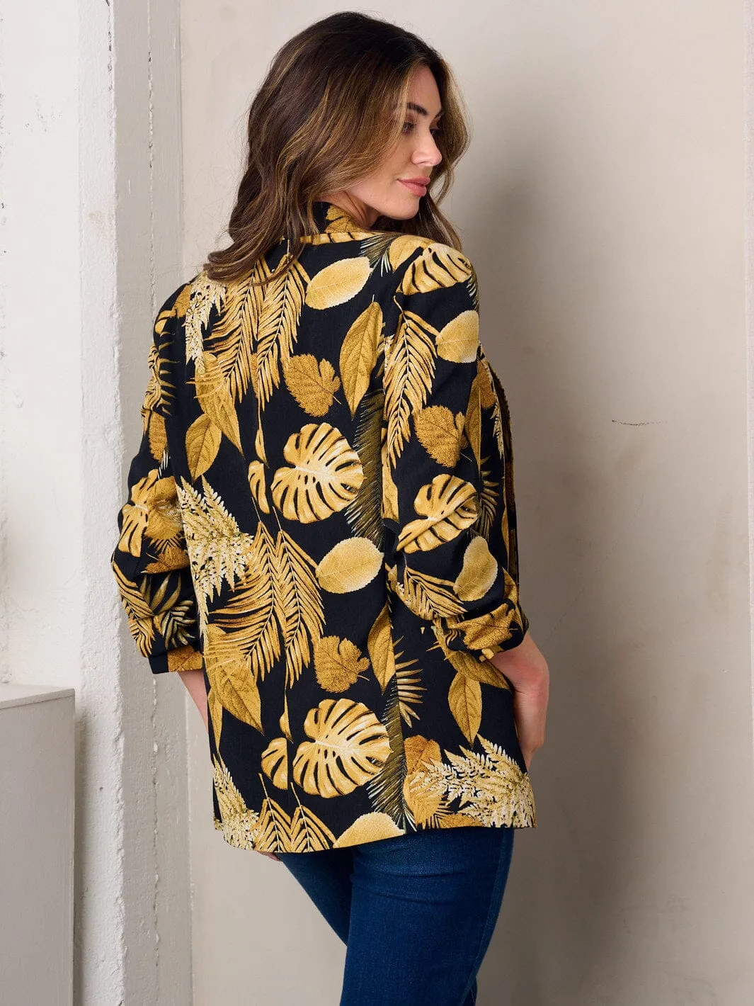 WOMEN'S 3/4 SLEEVE OPEN FRONT LEAF PRINT BLAZER
