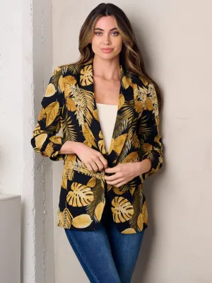 WOMEN'S 3/4 SLEEVE OPEN FRONT LEAF PRINT BLAZER